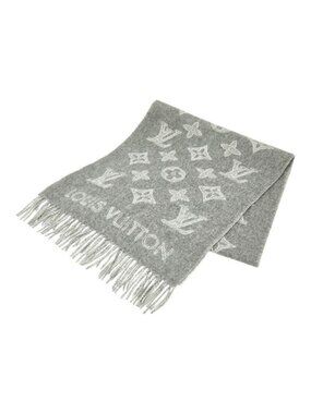 Louis Vuitton Scarf Monogram Shadow Gray White Wool 90% Cashmere
